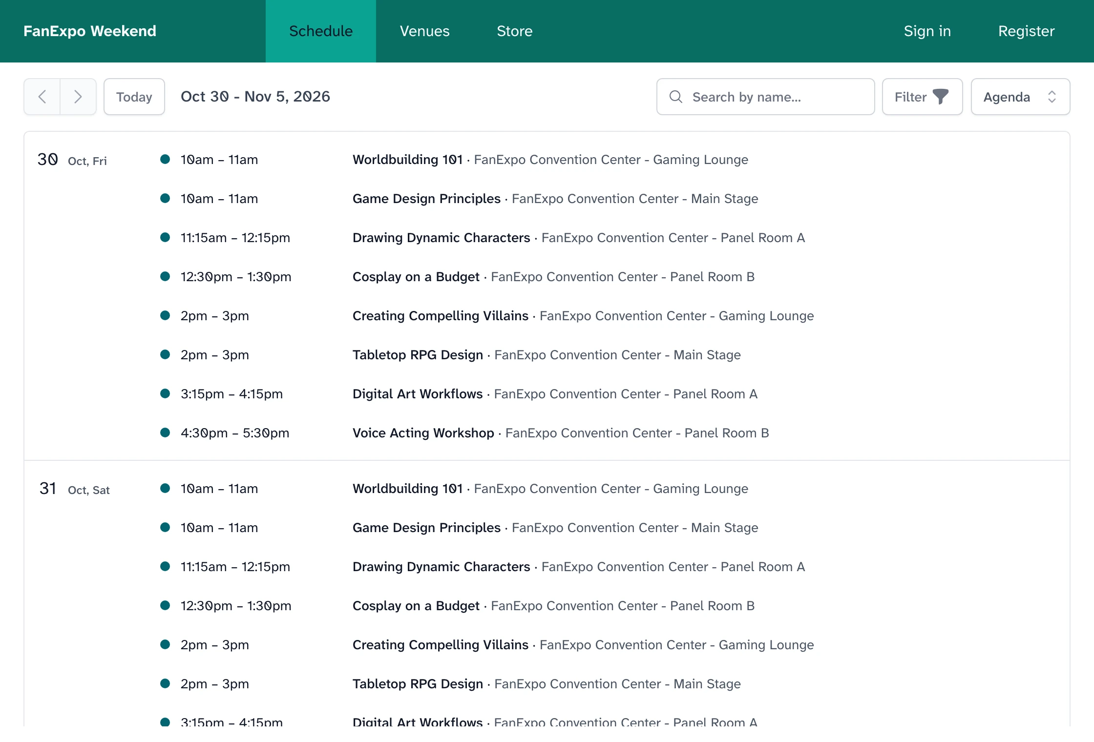 Convention agenda listing panels by day, with session times and rooms alongside each title.
