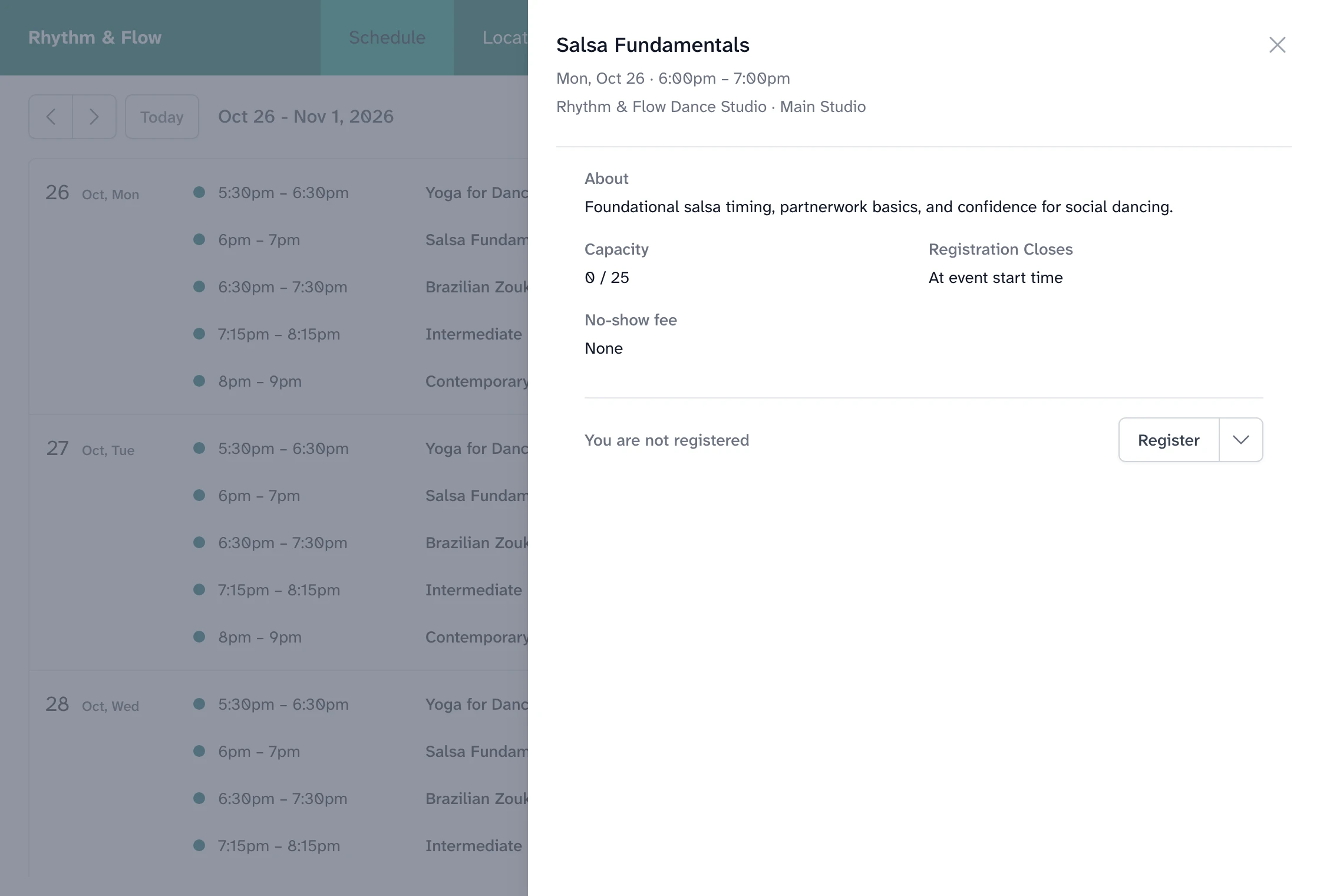 Studio class details showing the time, location, available capacity, and Register button for Salsa Fundamentals.
